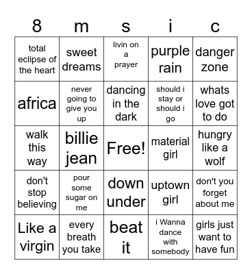 80's music Bingo Card