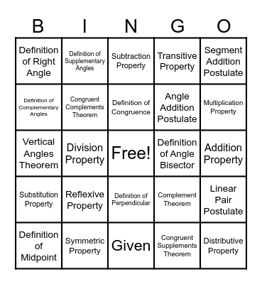 Geometric Proofs Bingo Card