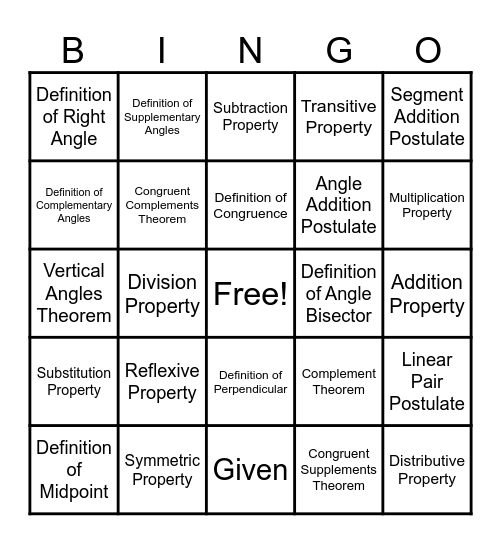 Geometric Proofs Bingo Card