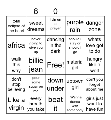 80's music Bingo Card