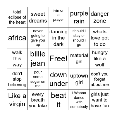 80's music Bingo Card