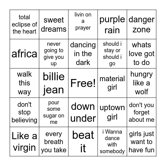 80's music Bingo Card