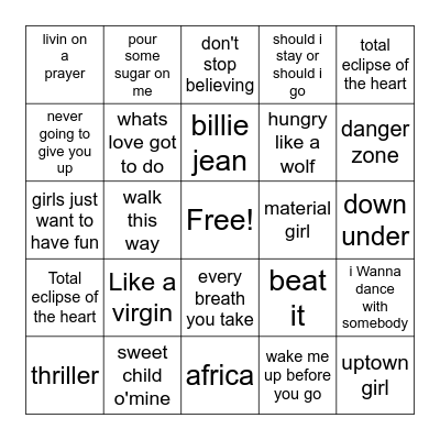 80's music Bingo Card