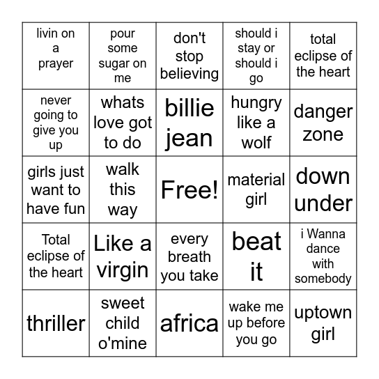 80's music Bingo Card