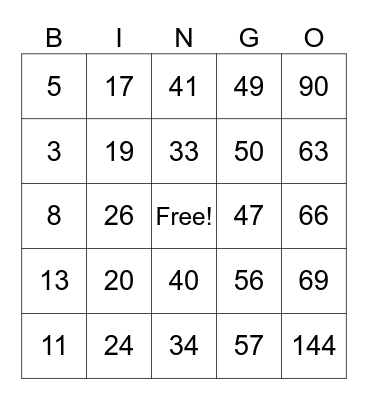 Multiplication & Division Bingo Card