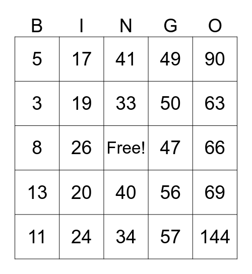 Multiplication & Division Bingo Card