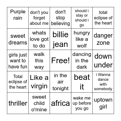 80's music Bingo Card
