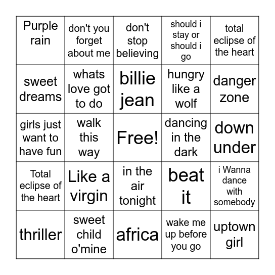 80's music Bingo Card