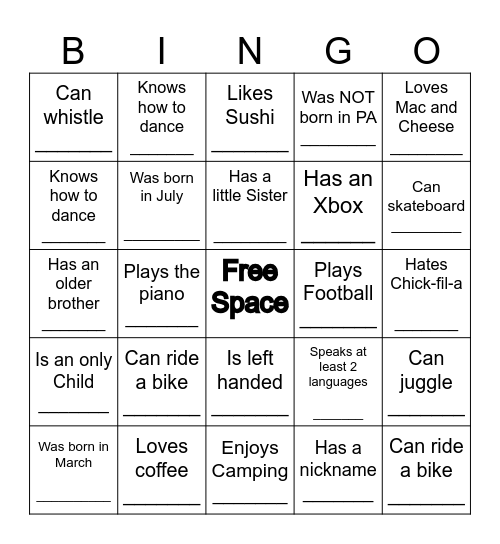 HUMAN BINGO Card