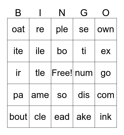 SYLLABLE      Bingo Card