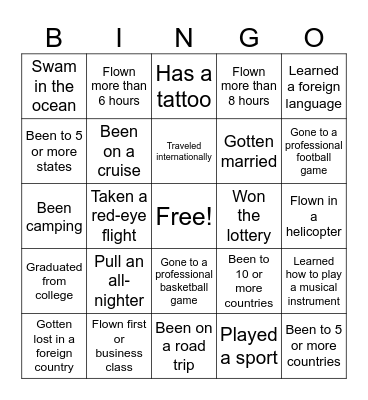 Life Experiences Bingo Card