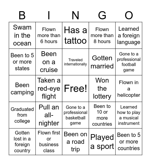 Life Experiences Bingo Card