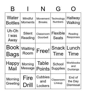 Classroom Procedures Bingo Card