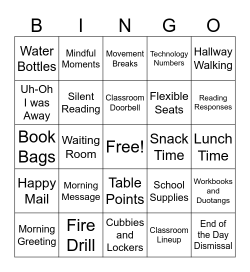 Classroom Procedures Bingo Card