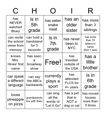 Get To Know You Game - Choir Bingo Card