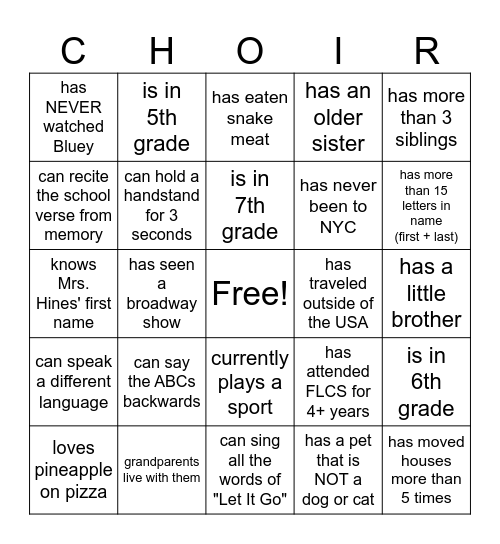 Get To Know You Game - Choir Bingo Card