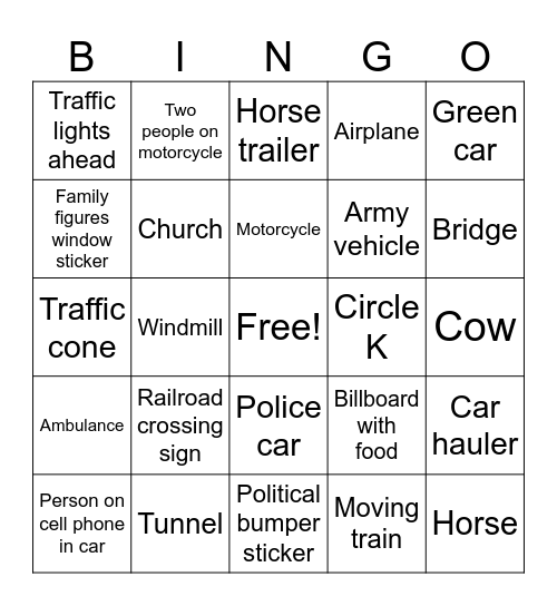 ROAD TRIP Bingo Card