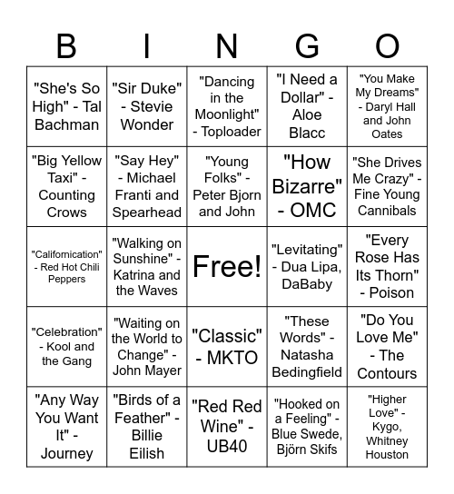 Music Bingo Round #1 Bingo Card