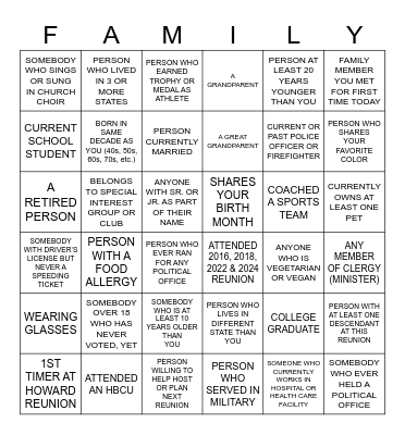 Family Bingo Card