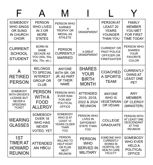 Family Bingo Card