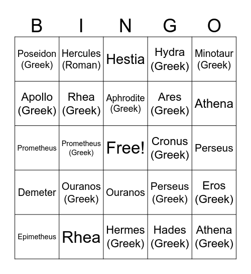 Greek and Roman Bingo Card