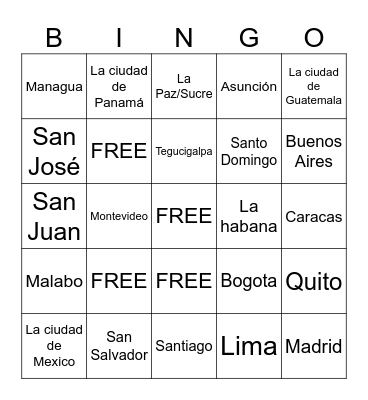 Spanish Speaking countries/capitals Bingo Card