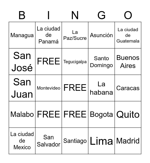 Spanish Speaking countries/capitals Bingo Card