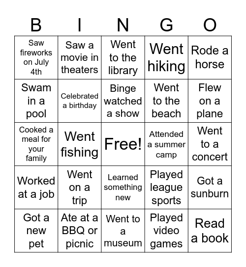 Summer Bingo Card