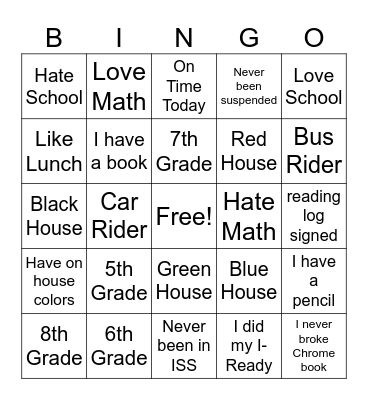 School Day Bingo Card