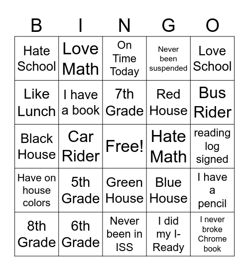 School Day Bingo Card