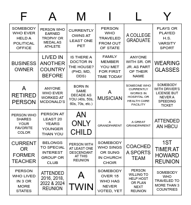 Family Bingo Card