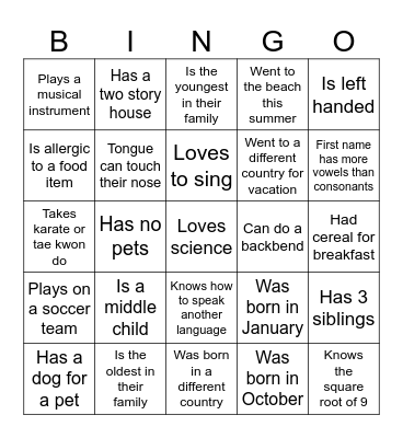 Get to know you Bingo Card