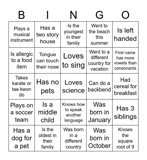 Get to know you Bingo Card