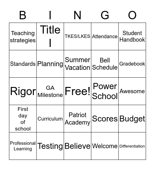 Welcome Back to School Bingo Card