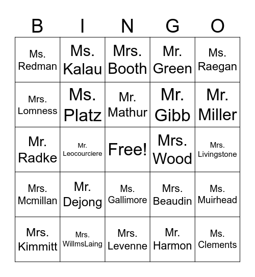 Teacher Bingo Card