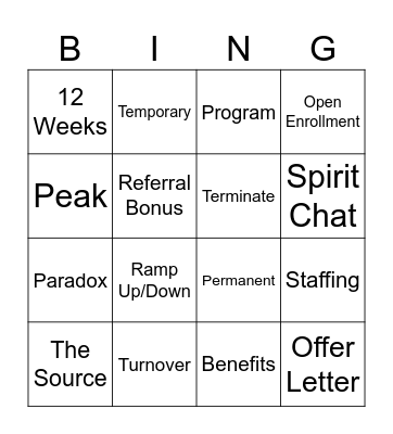 Seasonal Hiring Bingo Card