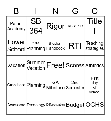 Welcome Back to School Bingo Card