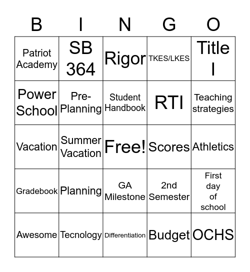 Welcome Back to School Bingo Card