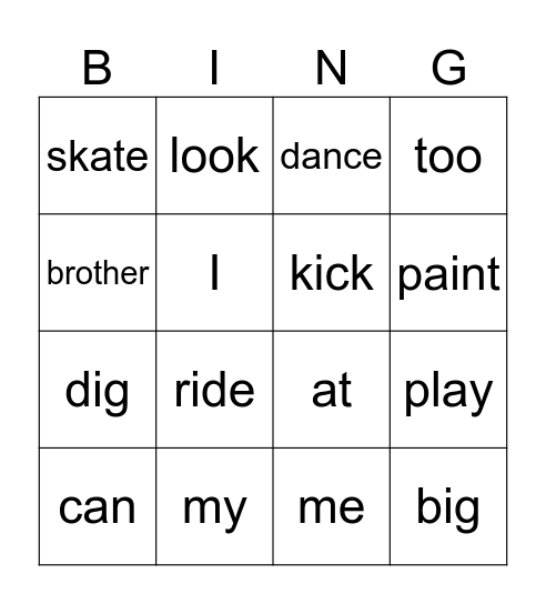 1st grade Big Brothers Bingo Card