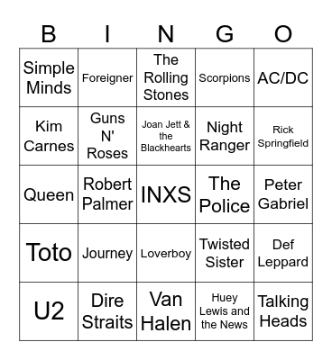80's Rock Bingo Card