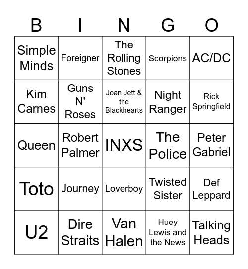 80's Rock Bingo Card