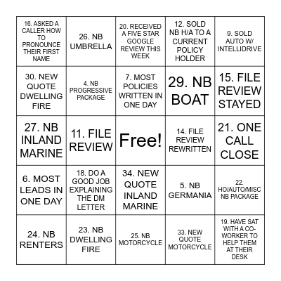 Brown & Brown VA New Business BINGO Card