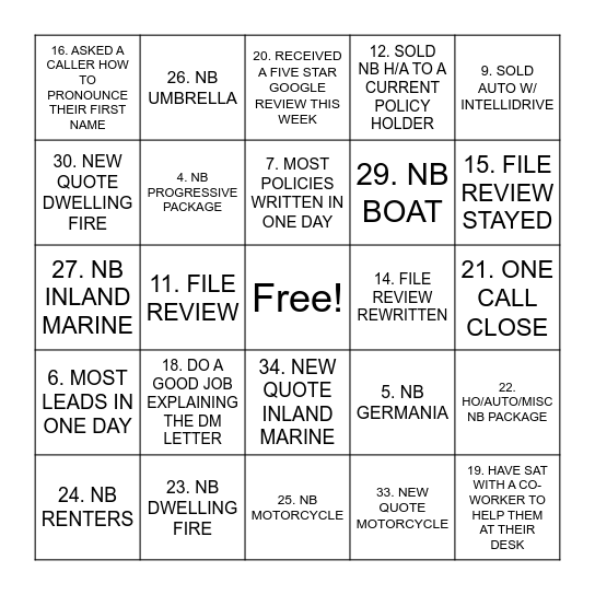 Brown & Brown VA New Business BINGO Card