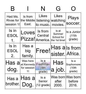 ESOL LAB B Summer Session 2 BINGO Card