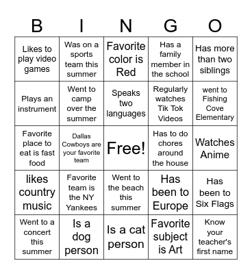 First Day of School Bingo Card