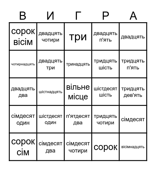 ОДИН - СІМДЕСЯТ П'ЯТЬ Bingo Card