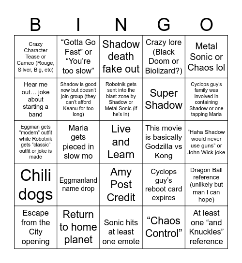 Sonic 3 Bingo Card