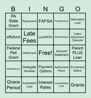 Paying for My Education Bingo Card