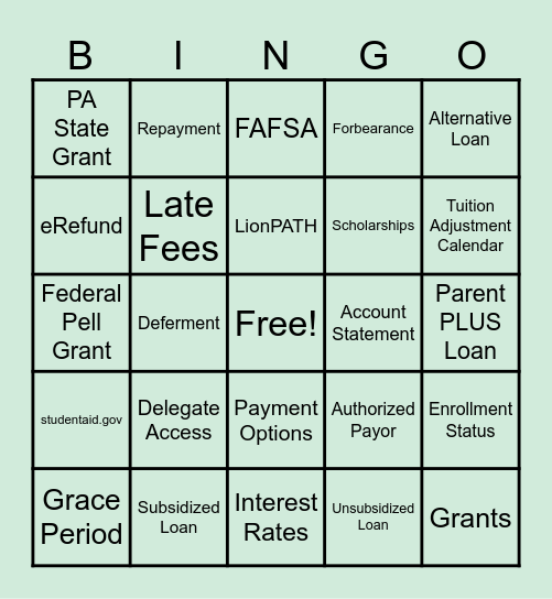 Paying for My Education Bingo Card