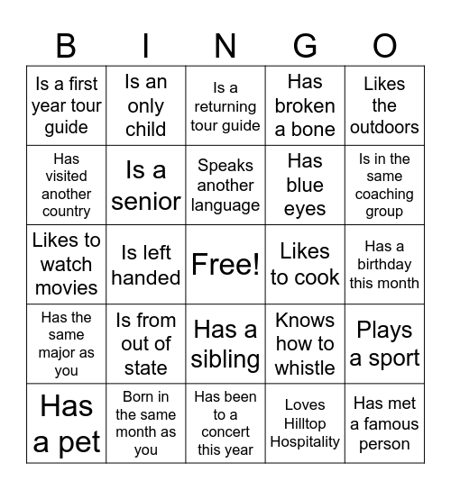 Orientation Bingo Card